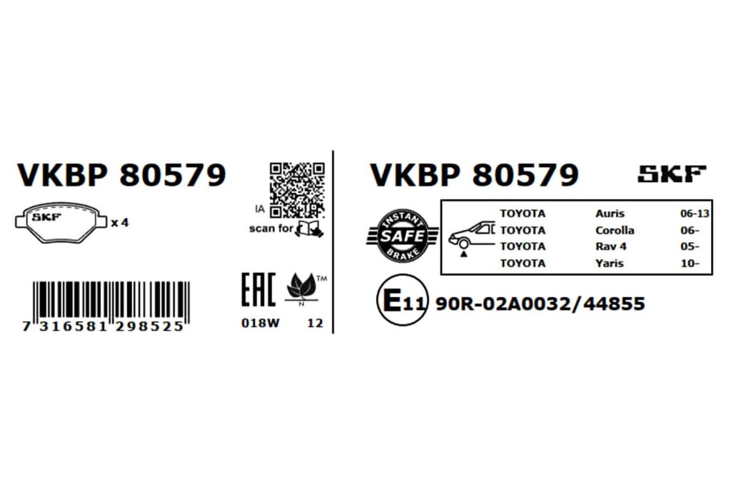 Jeu de 4 plaquettes de frein SKF ref. VKBP 80579